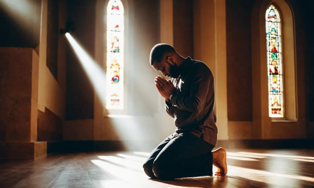 A photo capturing a person kneeling with hands folded in prayer, eyes closed in devotion, surrounded by rays of sunlight, symbolizing faith, humility, reverence, and love for God.