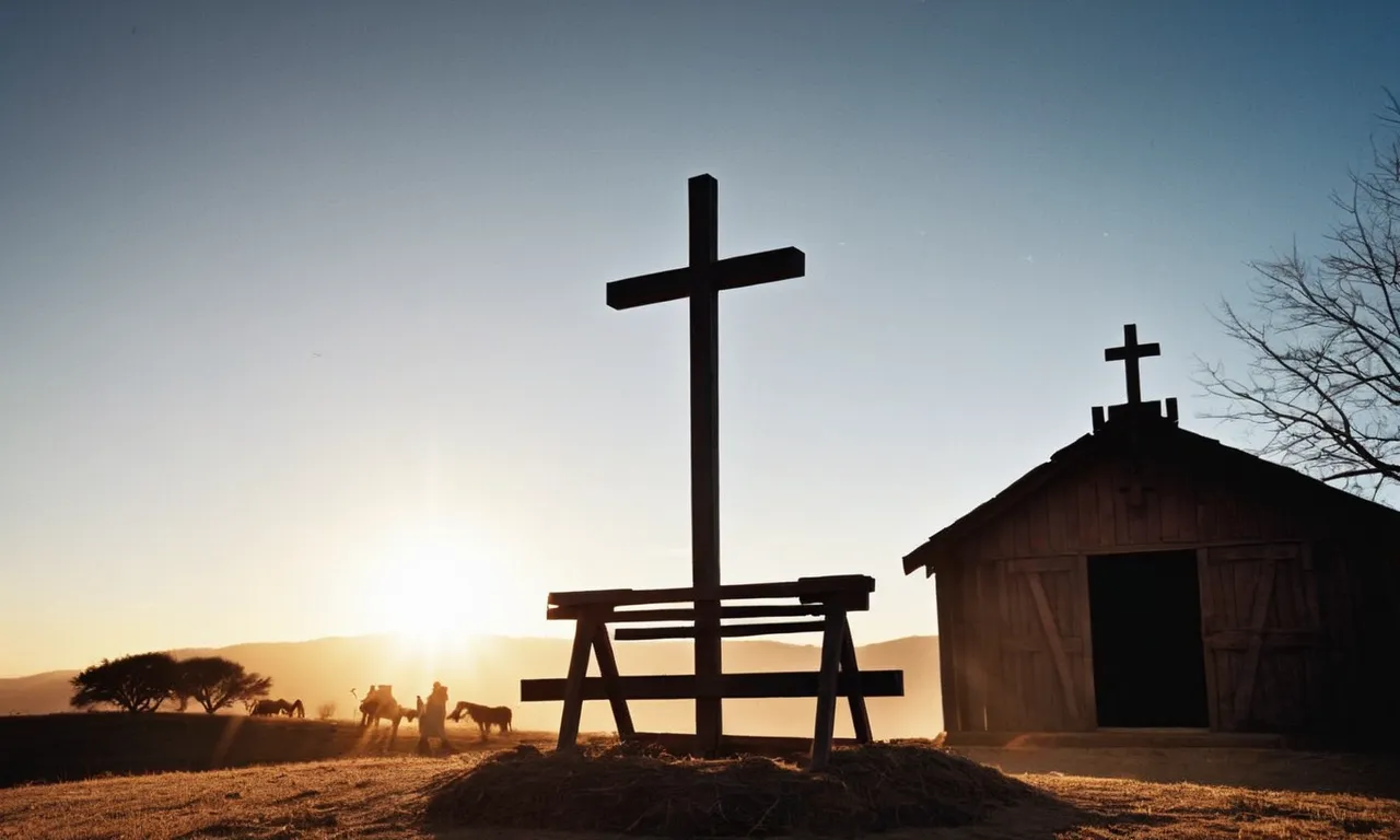 A captivating black and white image showcasing a humble manger, a cross, and a radiant sunrise, symbolizing the profound sacrifice and redemption brought forth by Jesus Christ's arrival on Earth.
