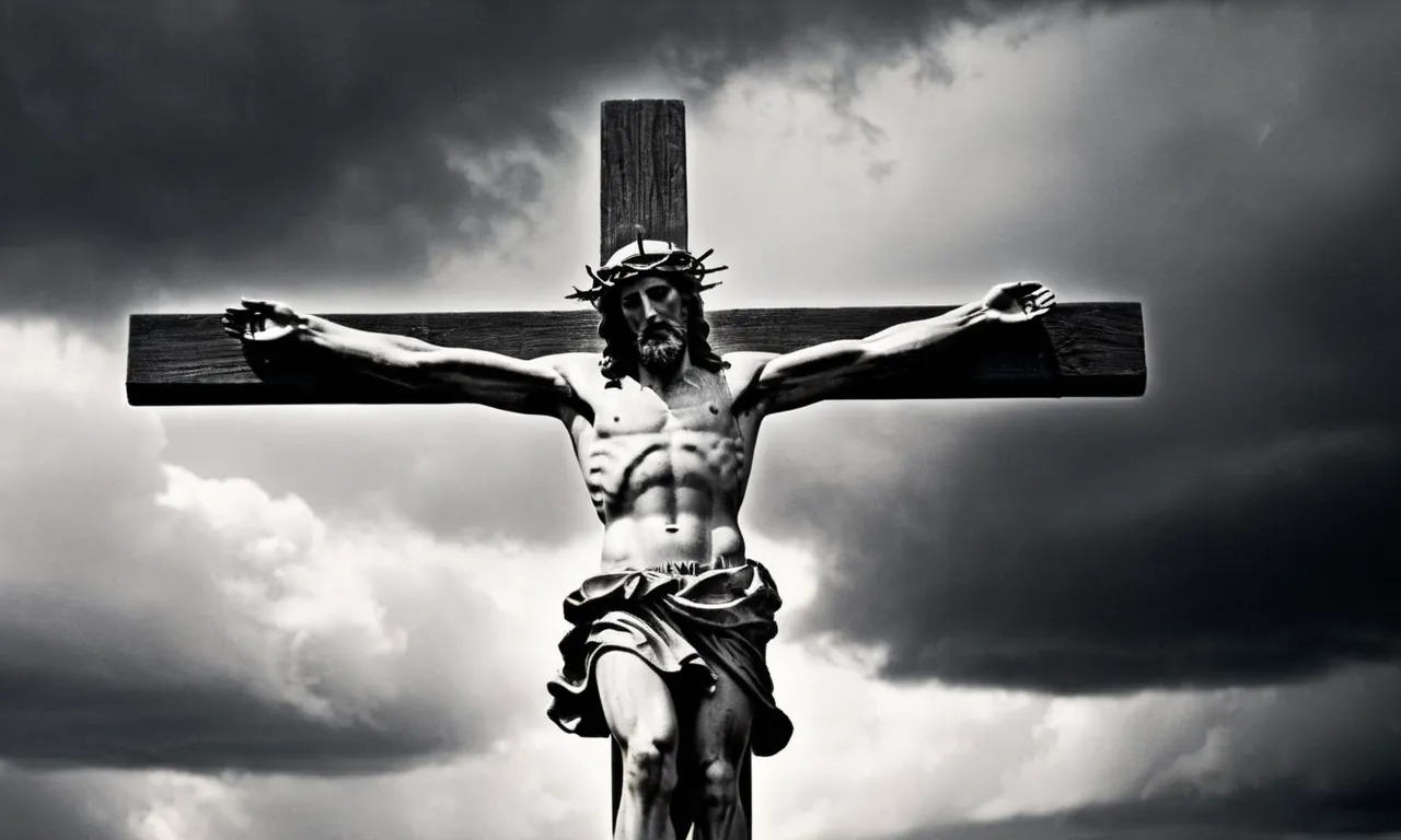 A powerful black and white image of a solitary figure, arms outstretched on a rugged cross, with a backdrop of stormy skies, representing Jesus' final words, "It is finished."