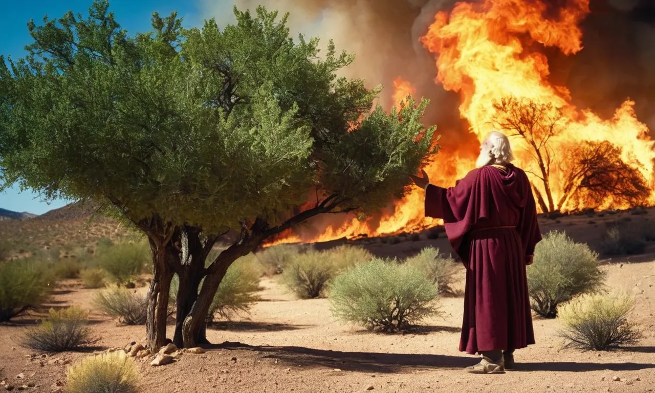 A captivating photo showing Moses standing in awe before a burning bush, symbolizing the divine presence. The photo captures curiosity, faith, and a profound sense of purpose.