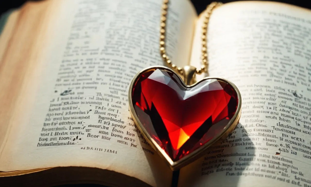 A close-up of a broken heart-shaped pendant lying on a Bible, symbolizing the emptiness without Jesus. A ray of sunlight streams in, illuminating the words "Hope, Love, Forgiveness" on the open pages.