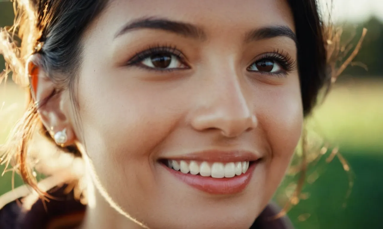 A close-up photograph of a person's face, filled with genuine joy and contentment, radiating warmth and love, capturing God's unwavering affection for them.