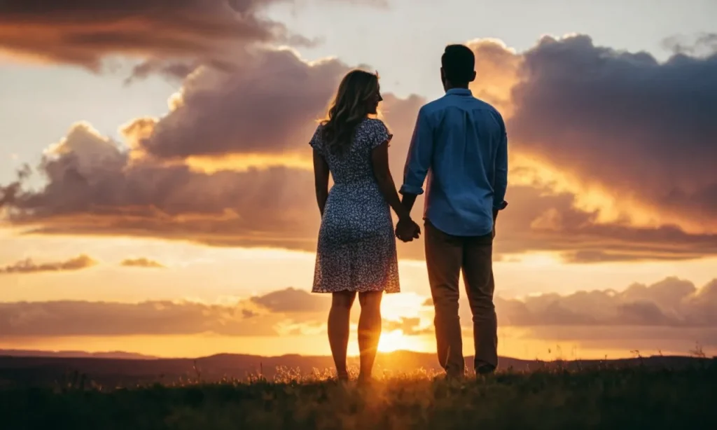 A couple stands under a vibrant sunset, their hands clasped, symbolizing love. Rays of light pierce through the clouds, illuminating their faces, portraying hope, joy, growth, healing, and purpose.