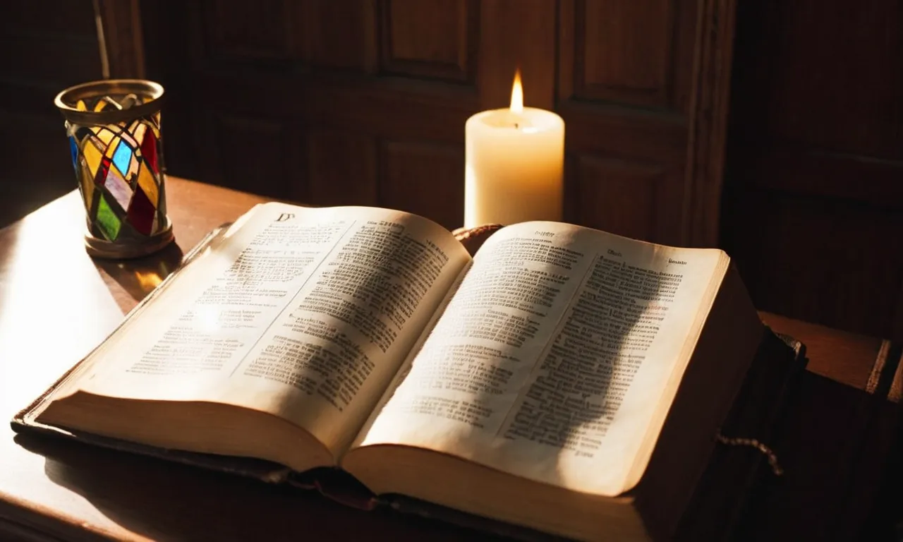 The photograph captures sunlight streaming through a stained glass window, illuminating a Bible open to a passage reminding us to accept and trust in God's divine plan.