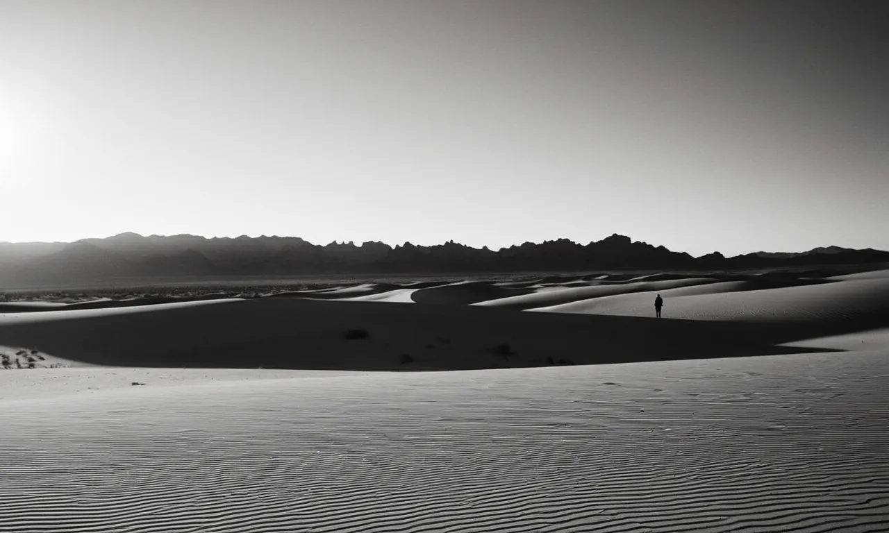 A black and white photo captures a solitary figure, standing at the edge of a vast desert, their silhouette mirroring doubt, as the sun sets behind them, casting long shadows of uncertainty.