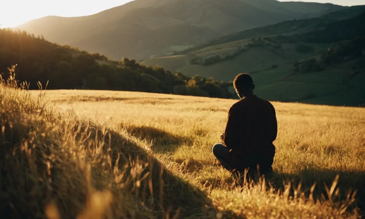 A captivating photo of a serene landscape, bathed in golden light, capturing the silhouette of a person kneeling in prayer, symbolizing biblical characters connecting with God in divine encounters.