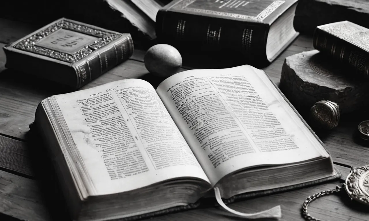 A black and white photograph capturing an aged, weathered Bible open to the book of Genesis, surrounded by artifacts symbolizing influential biblical characters who left a lasting legacy.