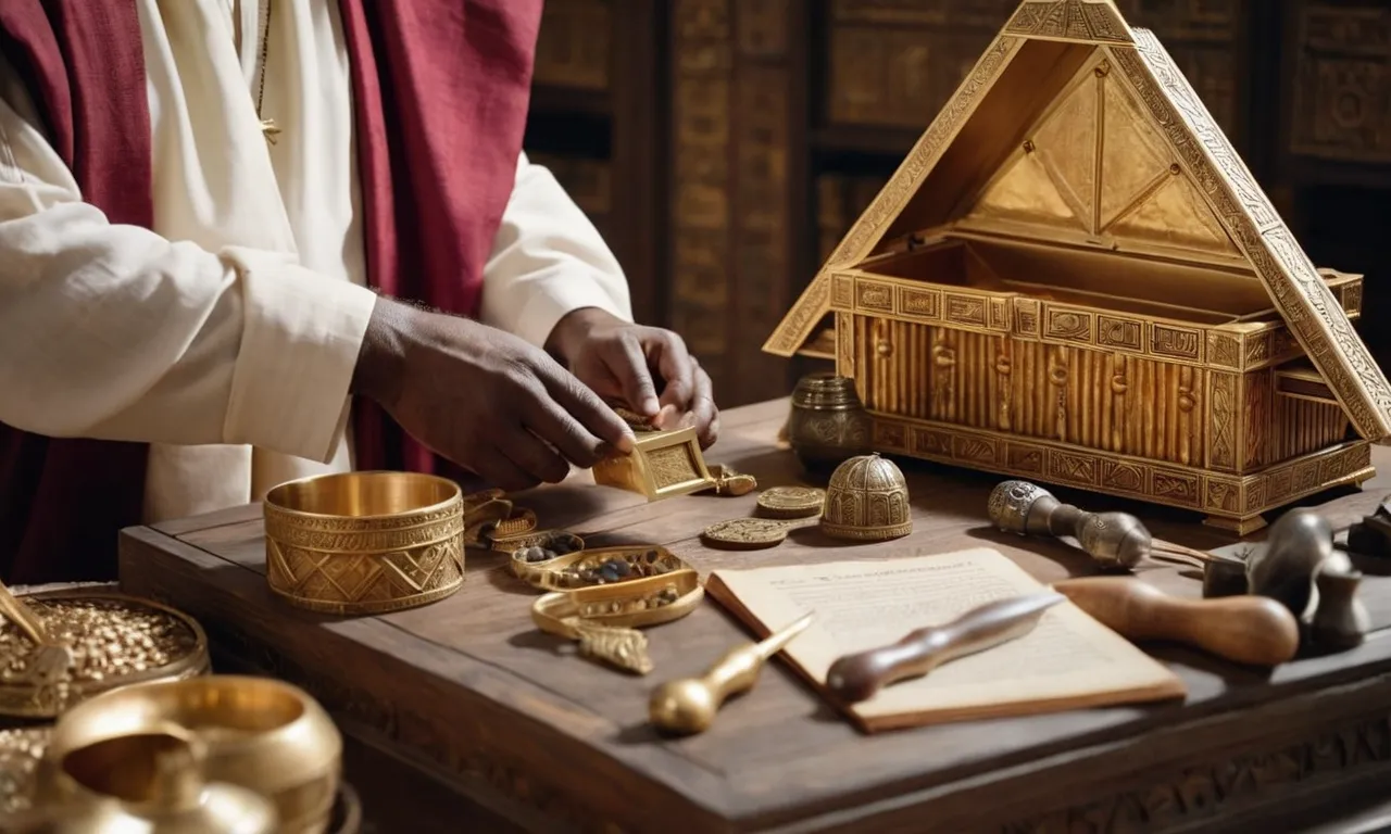 A photograph capturing the serene scene of Moses diligently crafting the Ark of the Covenant, surrounded by various tools and materials, showcasing his unwavering commitment to preparing for God's divine commandments.