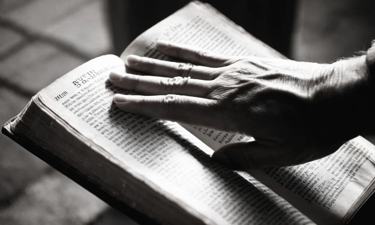 A black and white photo capturing a gentle hand holding a worn Bible, the pages open to the stories of Ruth and Paul, symbolizing characters who showed unwavering goodness and faith.