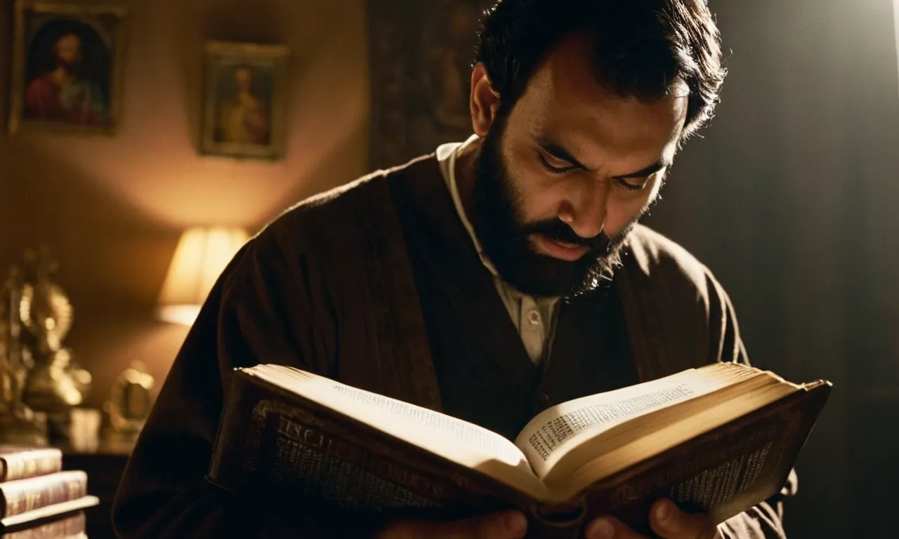 A dimly lit room captures the intensity of fear etched on the face of a Bible character, their trembling hands clutching the scriptures, symbolizing their struggle with faith and uncertainty.