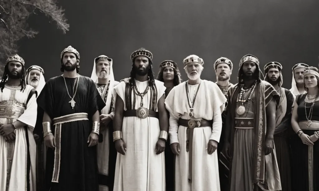 A captivating black-and-white photograph showcasing a diverse group of individuals, each donning ancient biblical attire, standing resolutely in a circle, symbolizing the intentional choices made by influential chara
