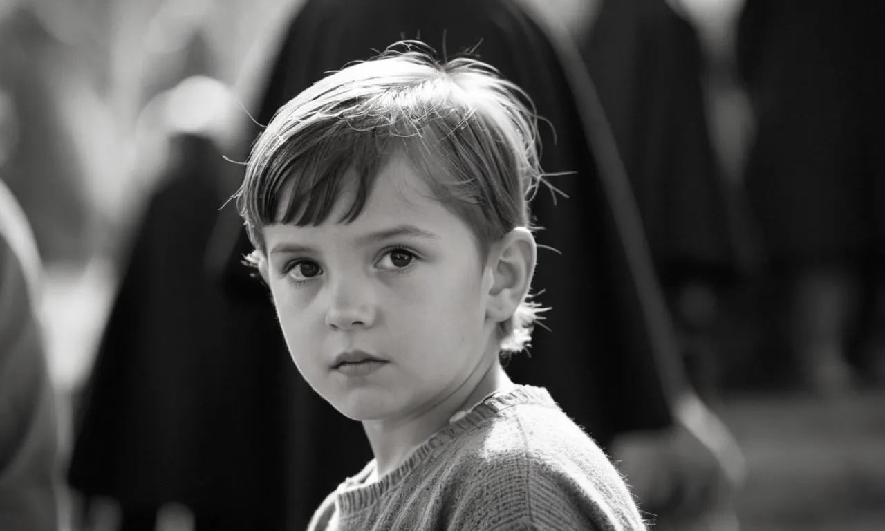 A black and white portrait of a young child, dressed in simple clothing, their innocent gaze capturing the essence of purity and echoing the spiritual purity of biblical characters.