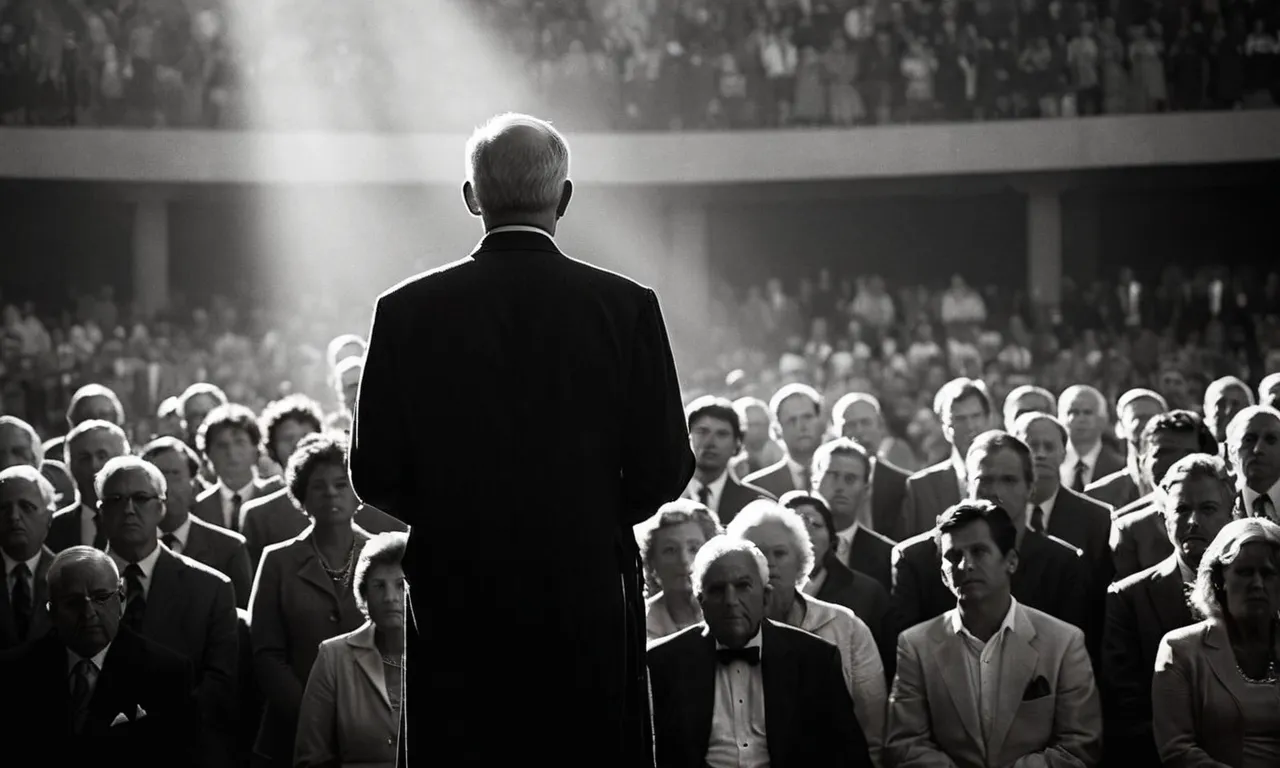 A striking black and white image of a solitary figure, backlit by a ray of light, standing resolutely amidst a crowd, holding a Bible, symbolizing unwavering conviction in standing up for righteousness.