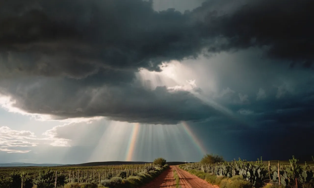 A photograph capturing a sunbeam breaking through dark storm clouds, illuminating a thorny path as a gentle hand reaches out, symbolizing kindness towards those who act harshly.