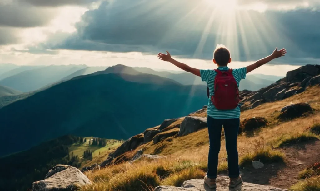 A photo of a person standing on a mountaintop, arms outstretched, with rays of sunlight breaking through clouds, capturing their identity and significance as a child of God.