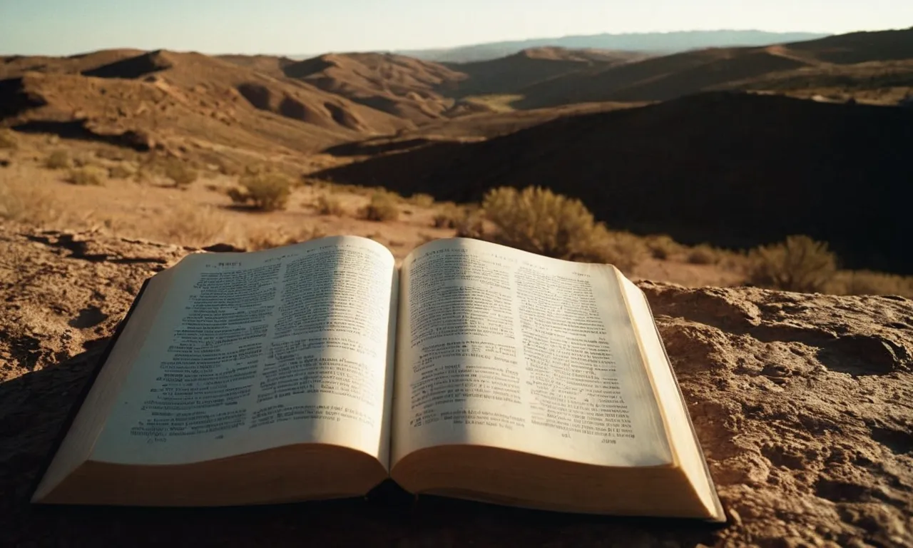 A shadowy silhouette stands alone amidst a deserted landscape, illuminated by a single beam of light. The Bible lies open nearby, pages marked with verses of redemption and forgiveness.