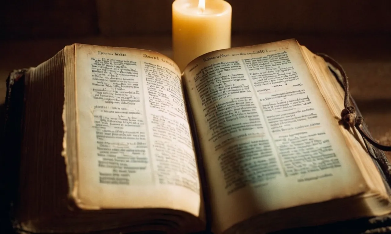 In the tranquil glow of a candle-lit room, a worn Bible rests open to verses of strength and solace, its pages gently illuminated, offering respite to the weary and burdened souls.