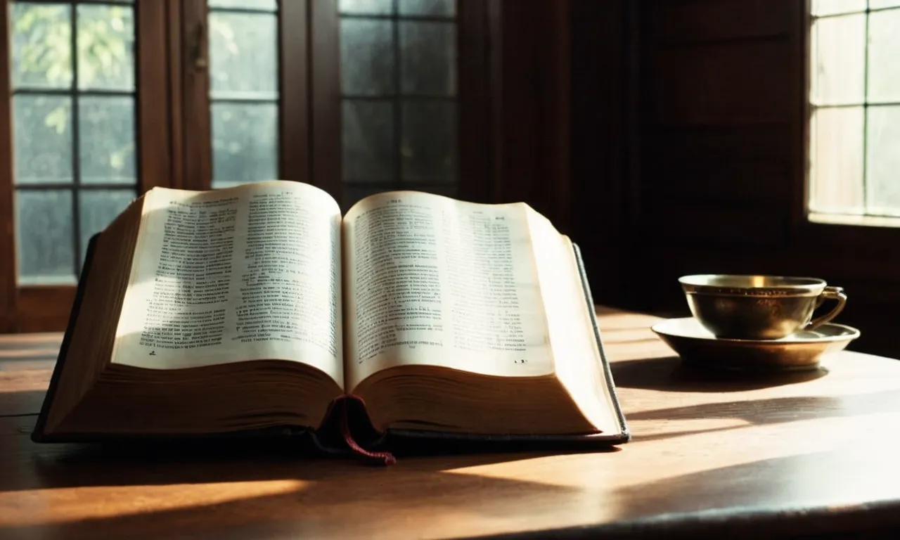 A dimly lit room with a Bible open on a wooden table, casting a soft glow on the pages, while a single ray of sunlight pierces through the window, symbolizing hope amidst spiritual warfare.