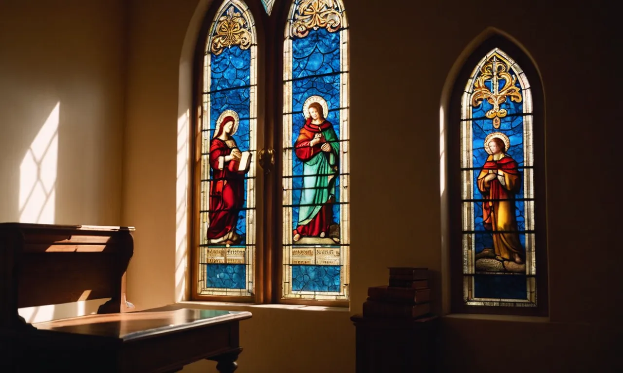 A dimly lit room with a solitary figure sitting on a windowsill, sunlight streaming through stained glass, illuminating an open Bible, offering solace to the lonely soul seeking comfort.