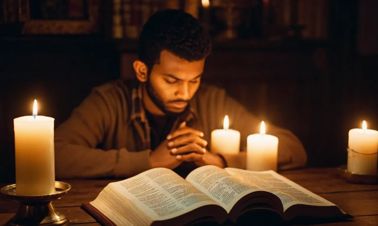 A photo capturing a disheartened person sitting alone, surrounded by dimly lit candles, with an open Bible in their hands, highlighting verses of hope and strength amidst defeat.