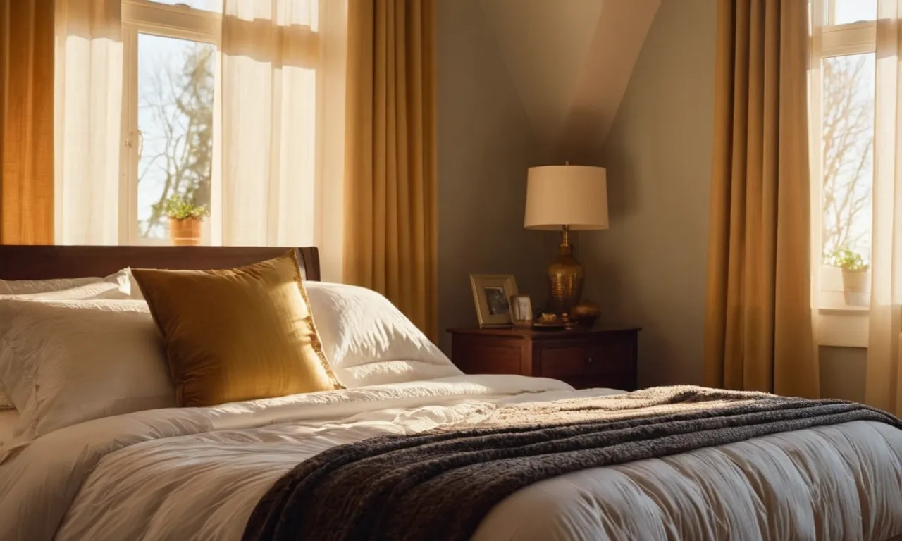 A serene image of a peaceful bedroom at dusk, soft rays of golden sunlight streaming through billowing curtains, inviting rest and tranquility.