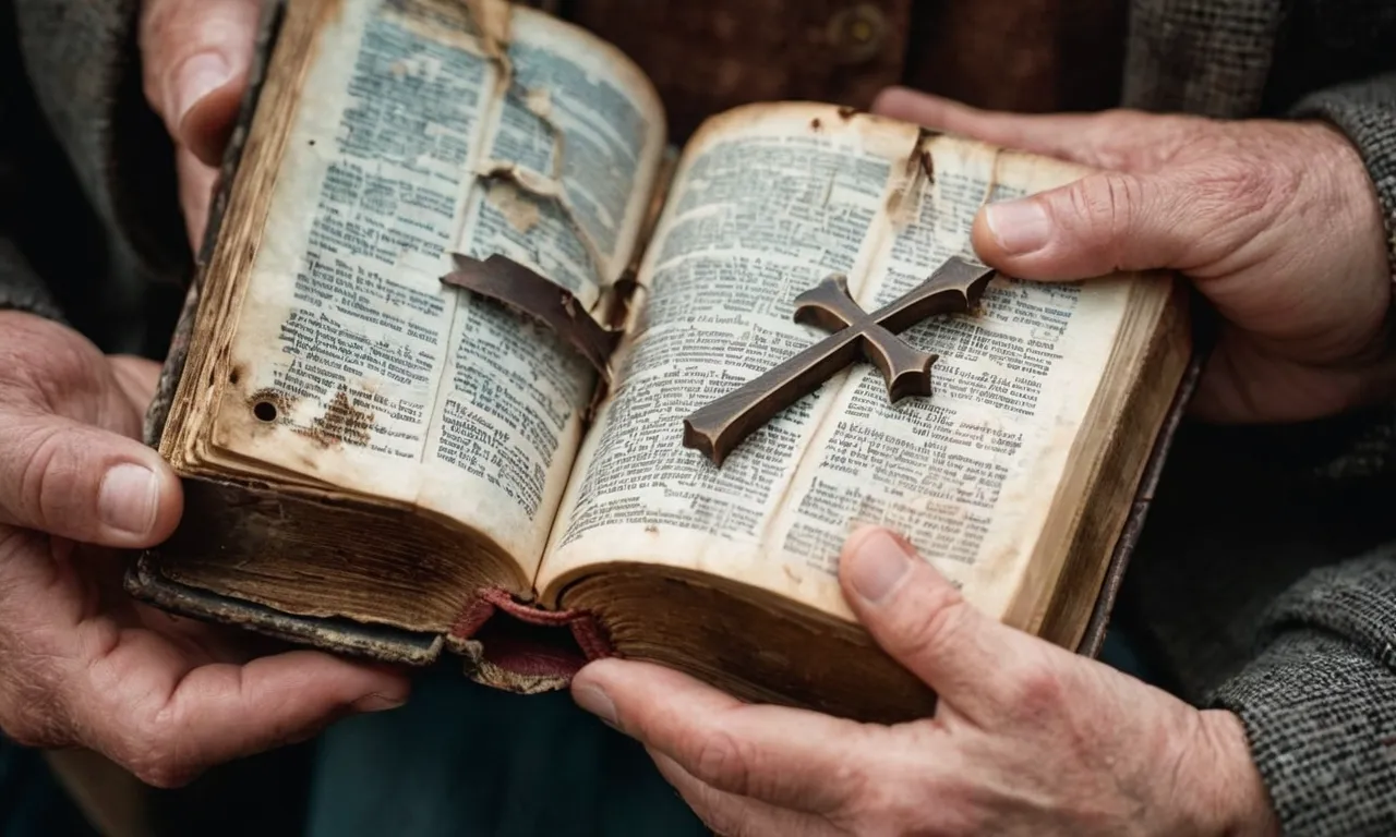 A close-up image of a pair of weathered hands clutching a tattered Bible, evoking deep emotion and empathy, reflecting the verse "Break my heart for what breaks yours."