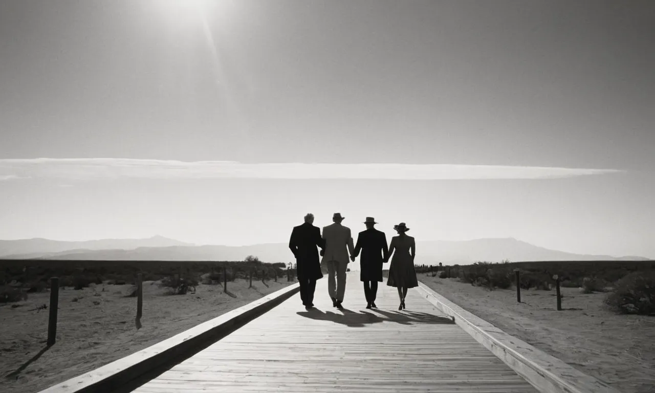 A captivating black and white image capturing a group of renowned celebrities walking hand in hand towards a radiant horizon, symbolizing their profound spiritual journey away from Hollywood towards God's embrace.