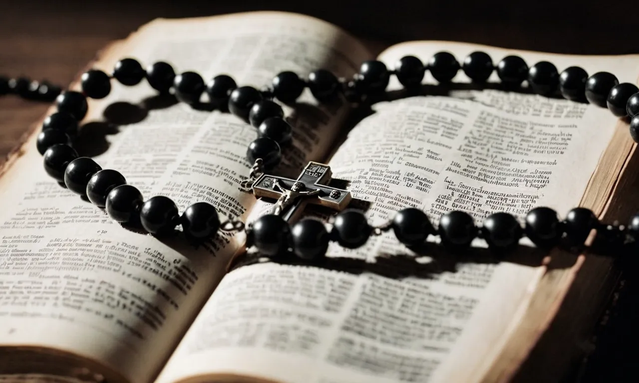 A solemn black and white close-up shot capturing a pair of hands gently clasping a rosary, casting a shadow over a worn Bible, symbolizing the contemplative act of prayer, reflecting on whether Jesus covered his head.