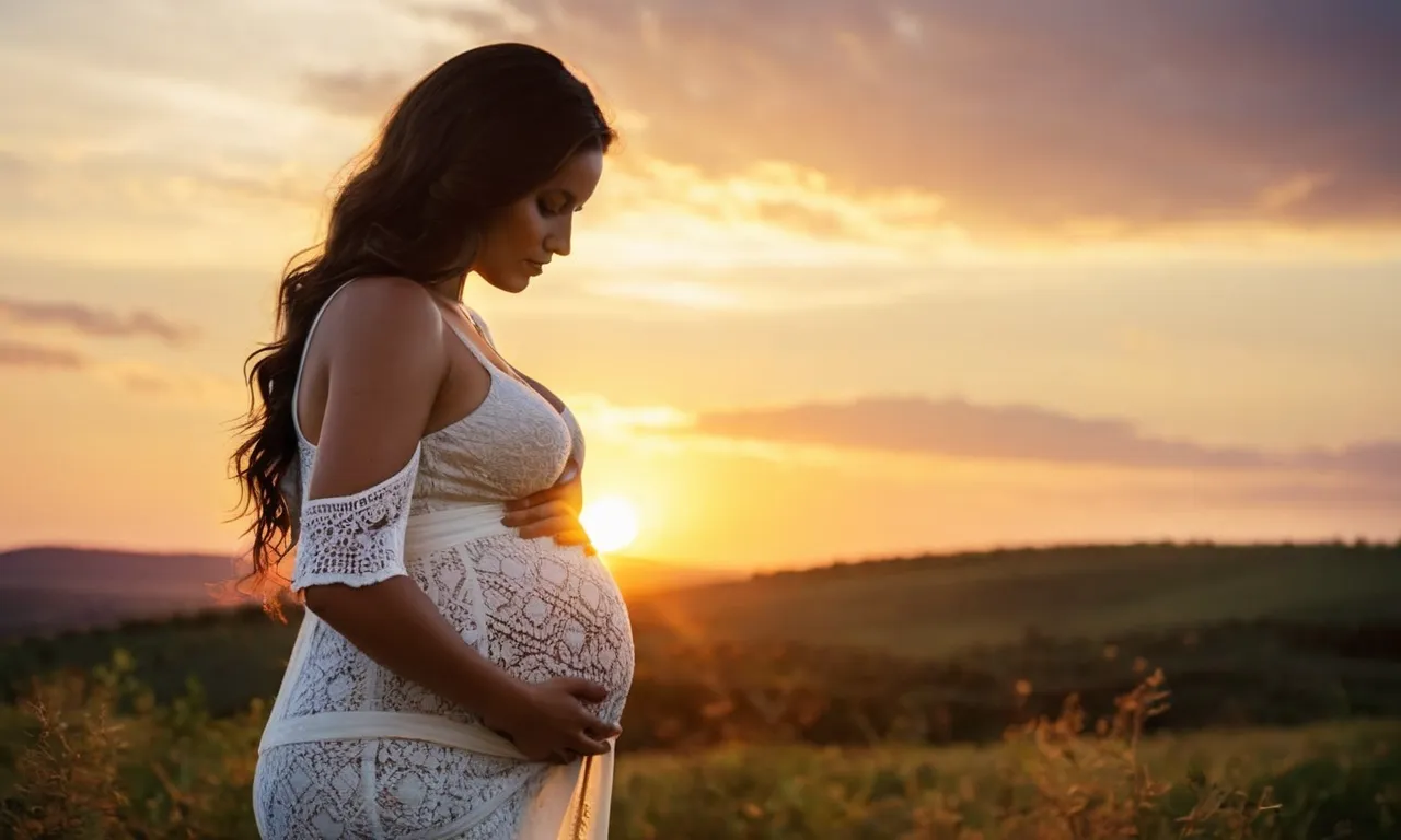 A photo capturing a serene, pregnant woman cradling her belly under a glowing sunset, symbolizing the divine beauty and mystery of life's creation.