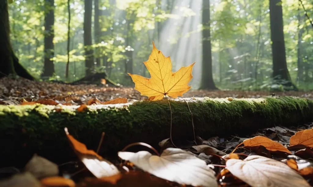 Captured through a misty forest, a solitary ray of sunlight pierces the canopy, illuminating a fallen leaf, symbolizing the delicate balance between sin and the blessings bestowed upon us.