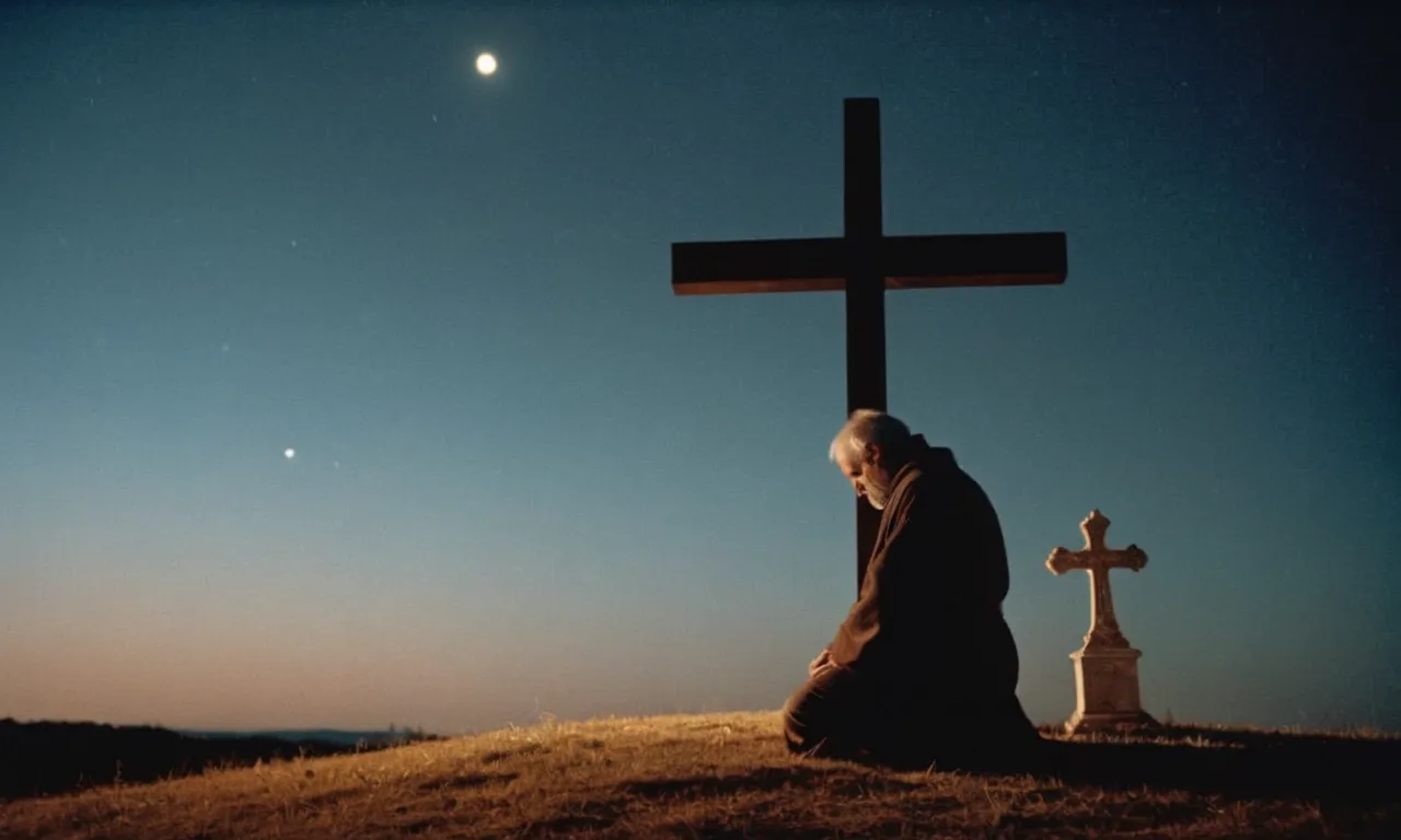 In the ethereal glow of moonlight, a solitary figure kneels beside a cross, their tear-stained face reflecting the weight of a vivid dream, questioning mortality within the realm of Christianity.