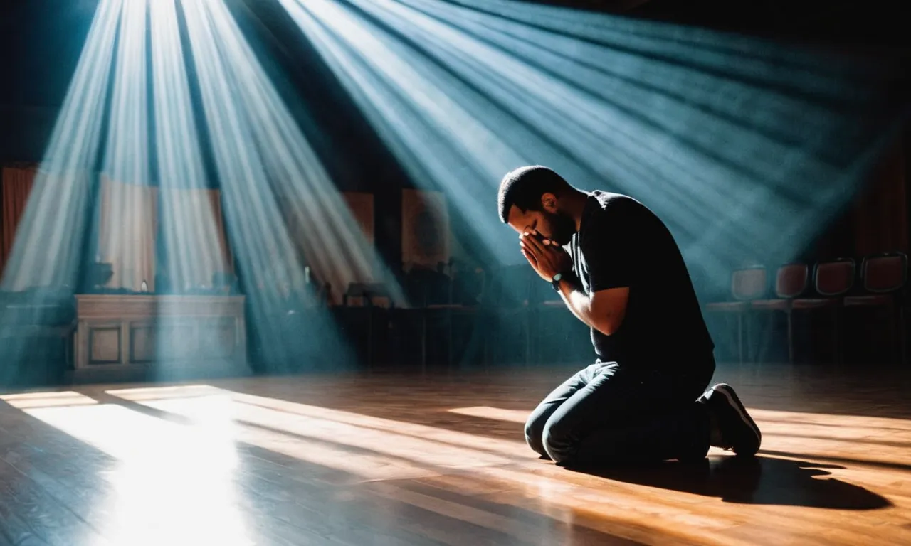 A photo capturing a devout individual on their knees, hands clasped in prayer, surrounded by rays of heavenly light, symbolizing their fear and reverence for God.