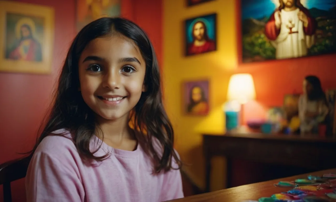 A young girl sits in a dimly lit room, surrounded by vibrant colors. With a focused expression, she delicately paints a portrait of Jesus, capturing his compassionate eyes and gentle smile.
