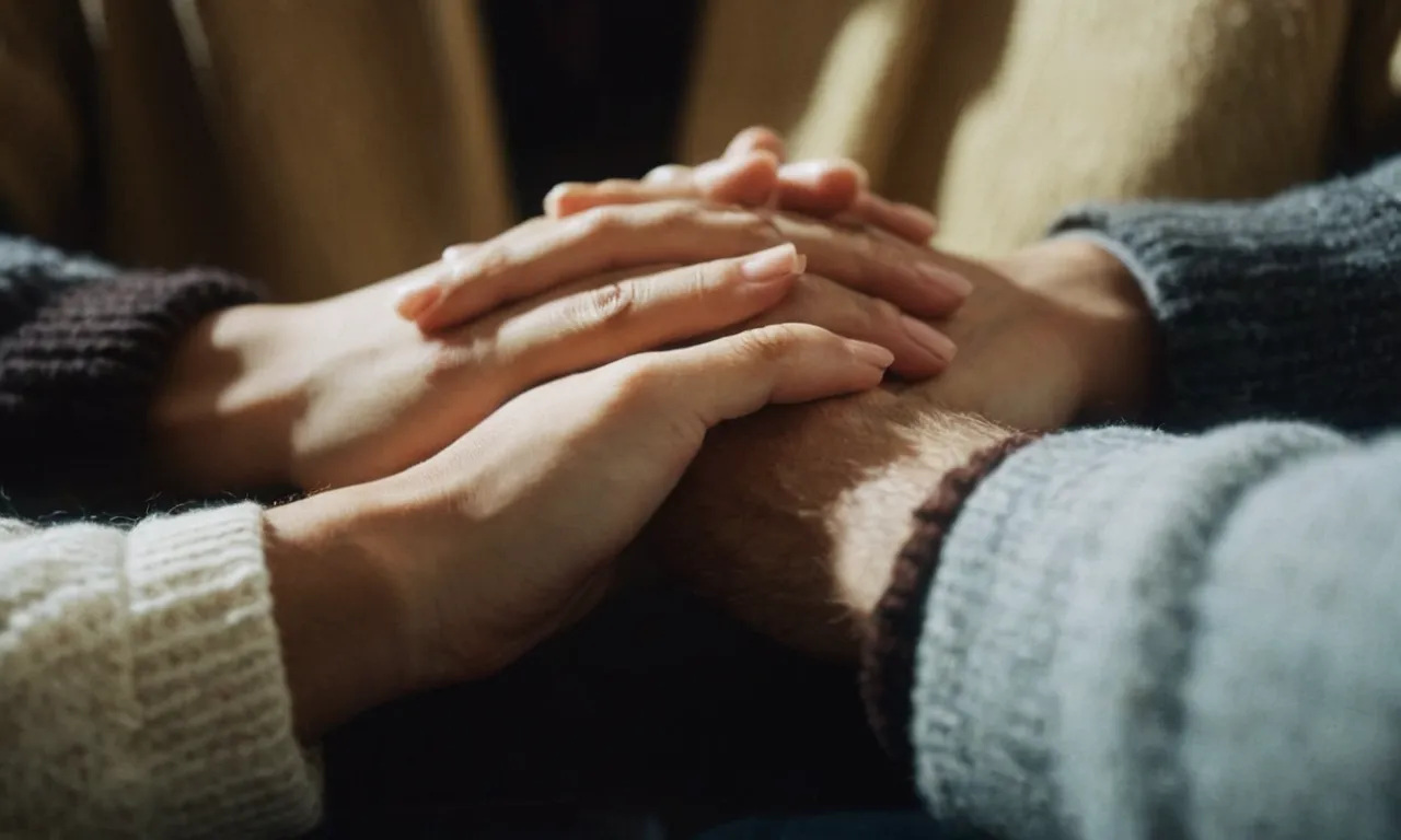 A close-up shot of a person's hands clasped tightly together, trembling with uncertainty, while their eyes reflect a mix of frustration, fear, and confusion.