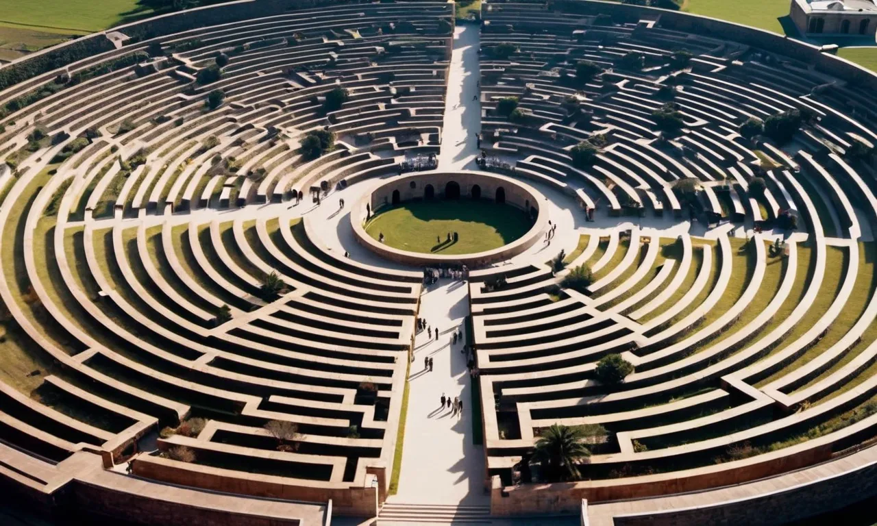 A mesmerizing aerial shot captures a breathtaking circular labyrinth formed by vibrant concentric rings of people, symbolizing the unity and omnipresence of the divine force in every corner of existence.