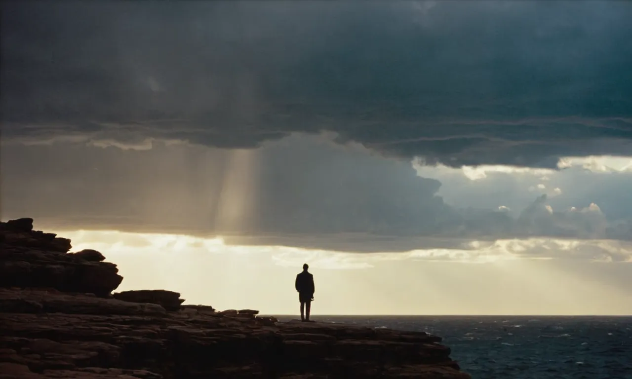 A silhouette of a lone figure standing on a rocky cliff, surrounded by stormy clouds. A ray of sunlight breaks through, symbolizing God's unwavering faithfulness amidst our own shortcomings.