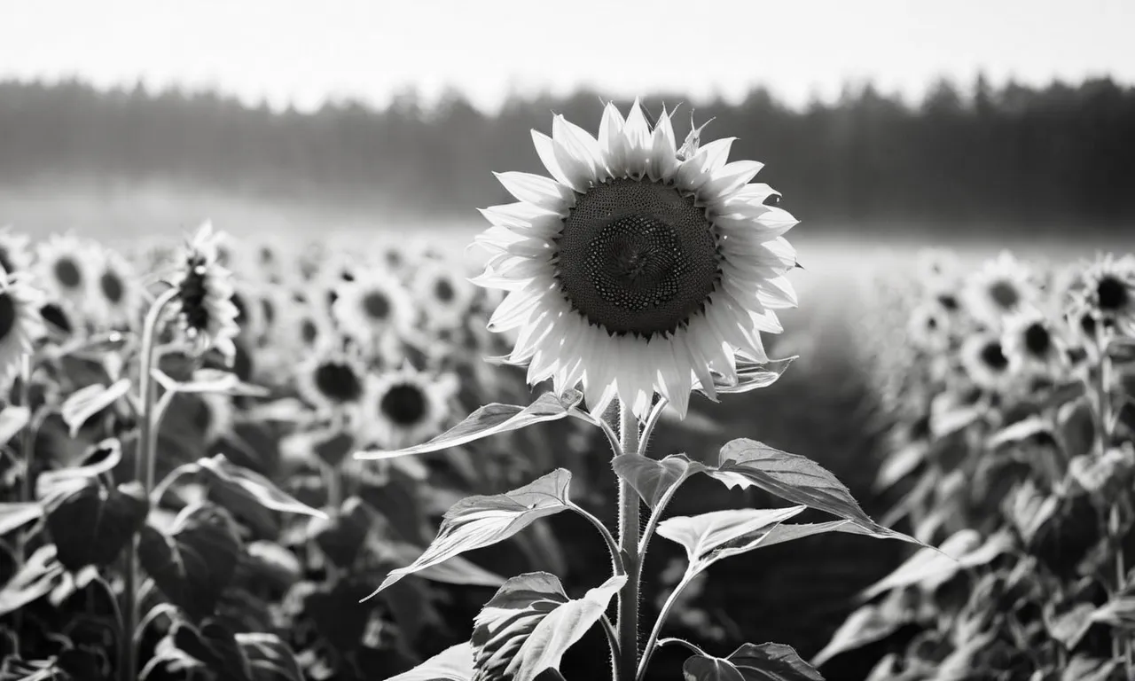 A captivating black and white photo capturing a lone sunflower, resiliently blooming amidst a dense fog, symbolizing God's hidden hand at work in the midst of uncertainty.