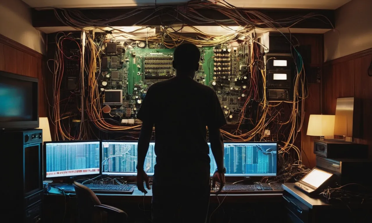 In the dimly lit room, a silhouette of a man stands amidst a chaotic mess of wires and gadgets, his confident gaze fixed on a complex circuit board, capturing the essence of "god knows what he's doing."