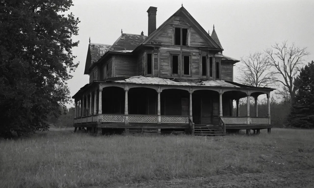 A haunting black and white image captures an empty, dilapidated house, shrouded in darkness, echoing the isolation and despair experienced by Linda Bishop in "God Knows Where I Am."