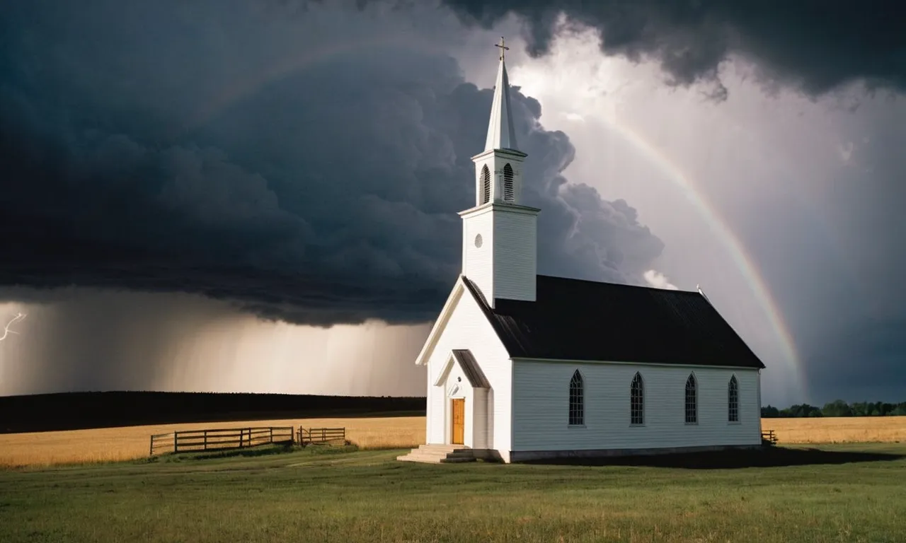 A captivating image of a shaft of divine light breaking through dark storm clouds, illuminating a humble rural chapel, symbolizing God's presence reaching us amidst our everyday struggles.