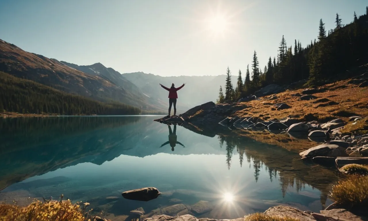 A photo capturing a person standing on a mountaintop, arms outstretched towards the sun, embracing their own reflection in a pristine lake below.