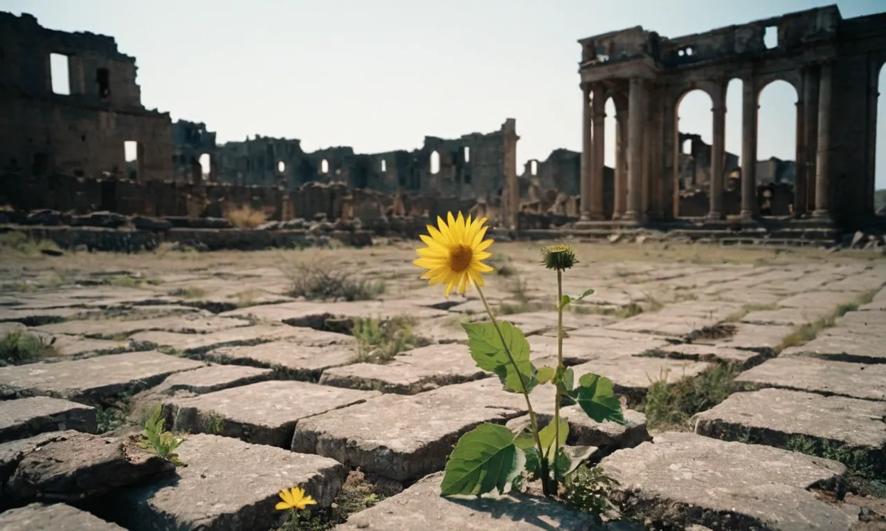 A photo of a barren and desolate field, with a lone flower blooming amidst the ruins, symbolizing God's promise to restore abundance and beauty sevenfold.