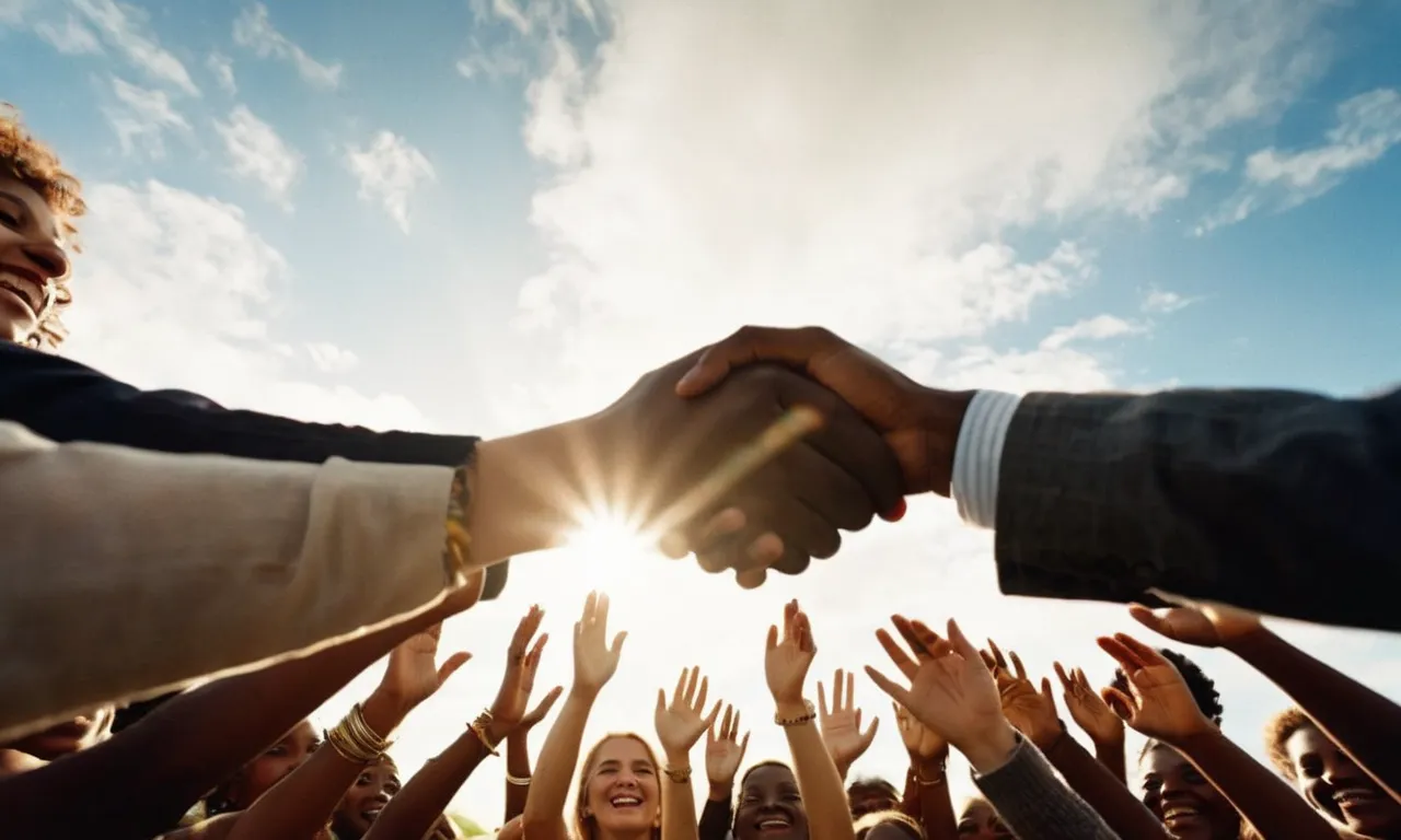 A captivating photograph showcasing a diverse group of people joining hands, their faces radiating joy and unity, as vibrant rays of sunlight pierce through the clouds, symbolizing the divine intervention in our lives.