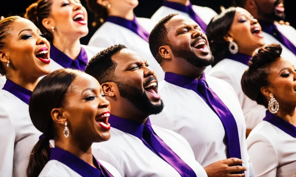 A vibrant image capturing a powerful gospel choir led by Hezekiah Walker, their faces filled with joy and praise, as they lift their voices in worship to the mighty God they serve.