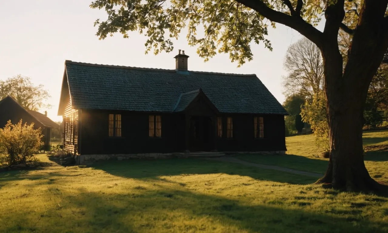 A photo capturing the silhouette of a humble house, bathed in the warm glow of the sun, symbolizing the divine presence and the eternal light of Jesus.