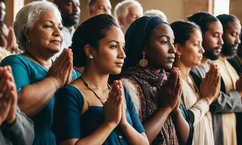 A photo capturing a diverse group of people from different cultures and backgrounds, united in prayer, symbolizing Christianity's impact in fostering harmony, compassion, and global connections.
