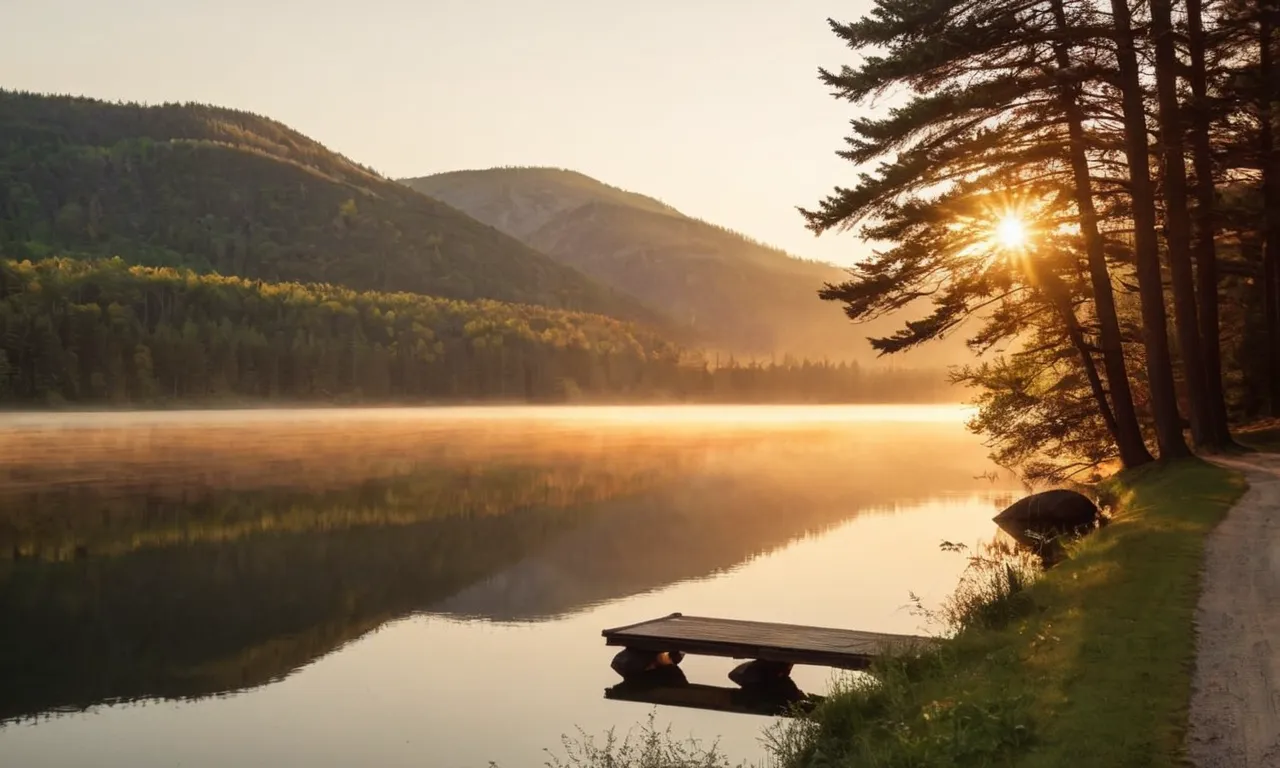 A photo capturing a radiant sunrise over a calm lake, symbolizing God's restoration of David's peace, strength, and faith.