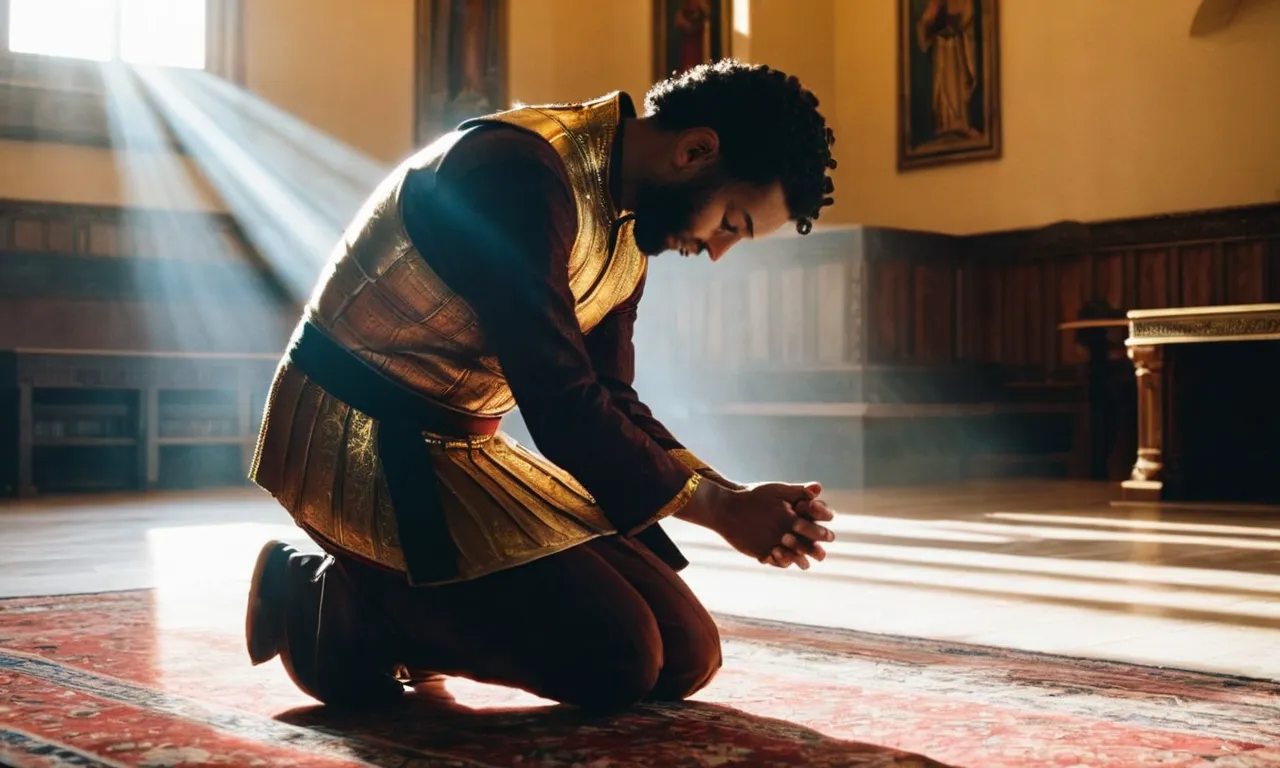 A photo capturing the serene face of godly Josiah, bathed in golden sunlight, as he kneels in prayer, symbolizing the grace of God shining upon him.