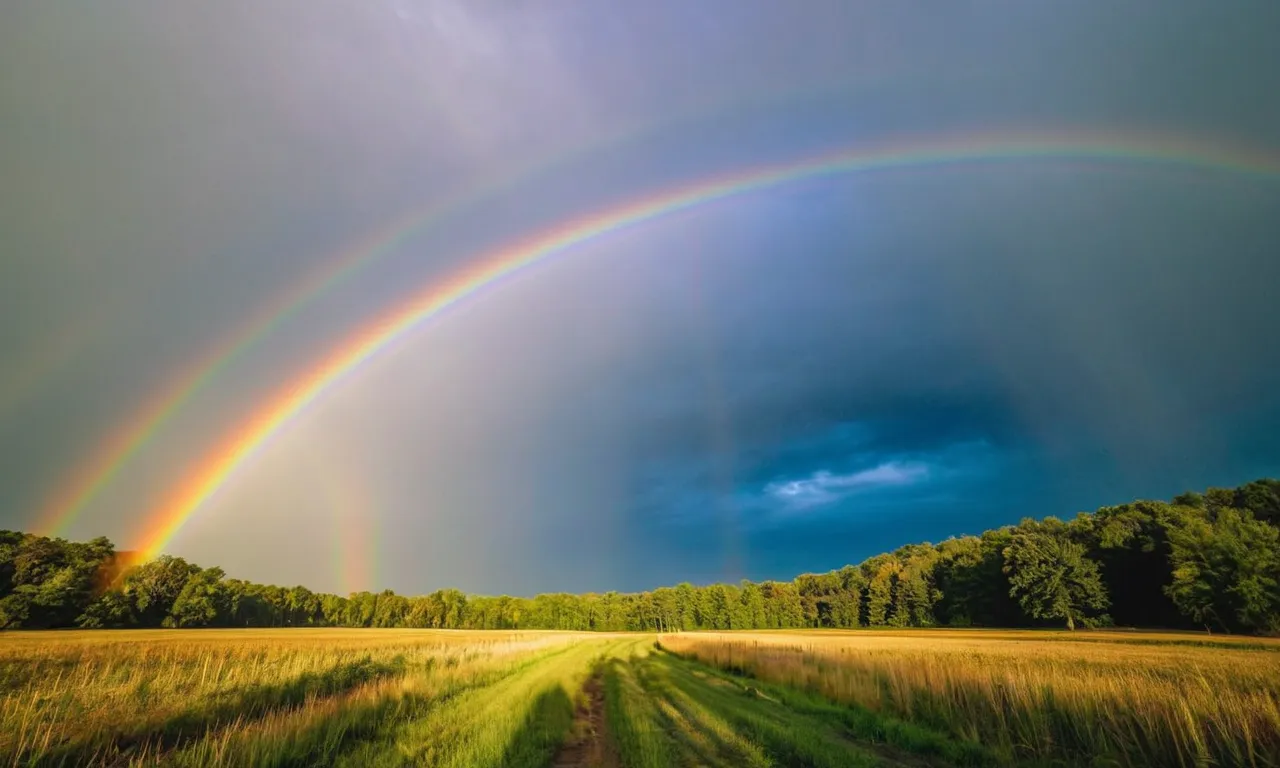 A breathtaking image of a vibrant rainbow stretching across the sky, symbolizing God's covenant with Noah and reminding us of His promise to never flood the earth again.