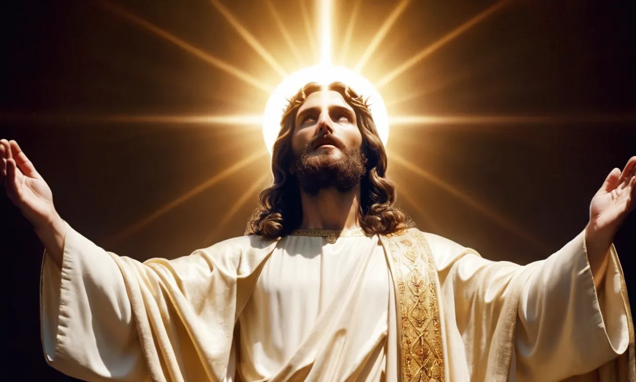 A powerful image capturing Jesus, bathed in golden light, with outstretched arms in prayer, surrounded by a radiant halo, showcasing his divine nature and glorifying God.
